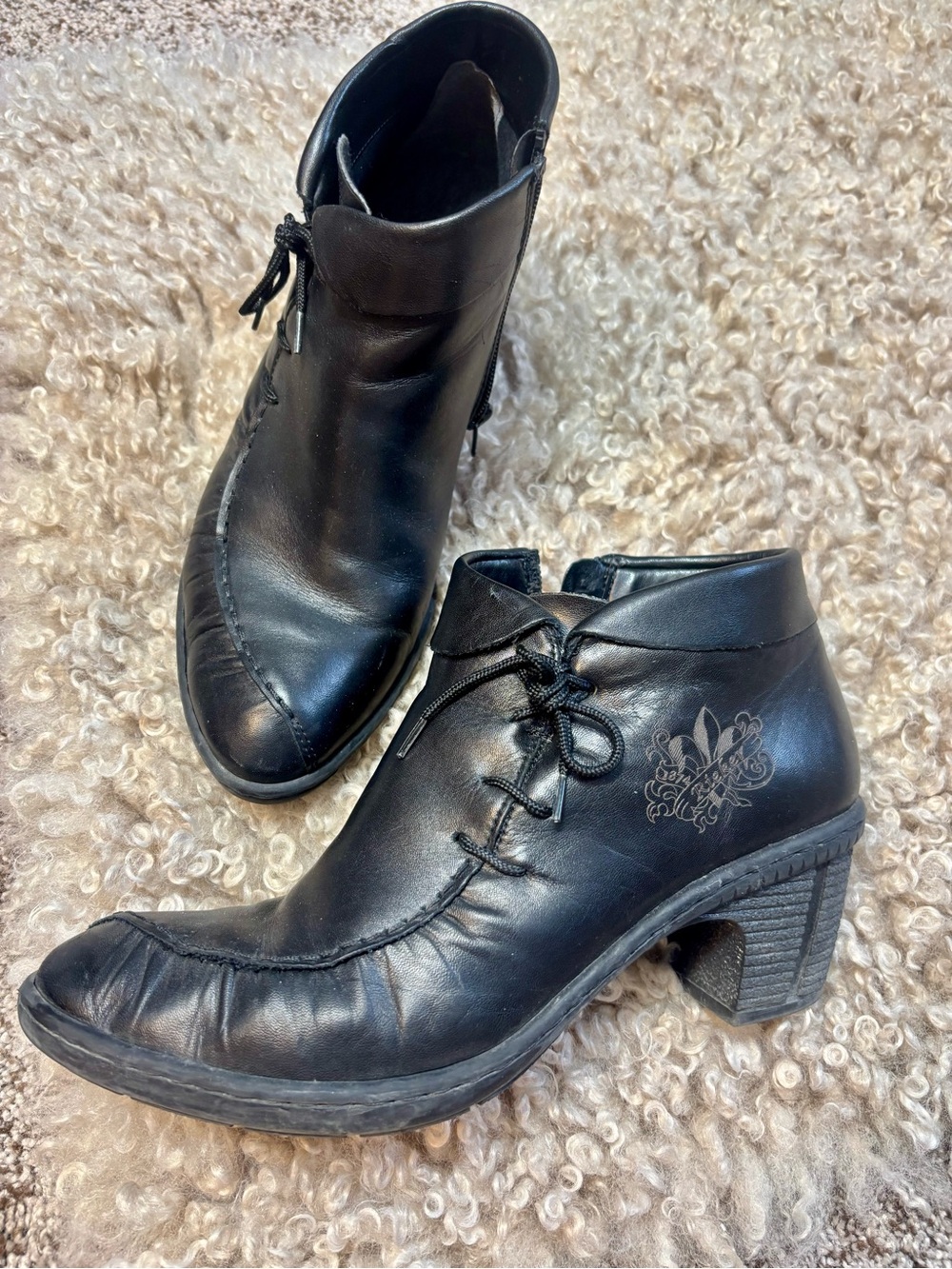 Rieker Black Leather Lace-Up Heeled Ankle Boots, size 38